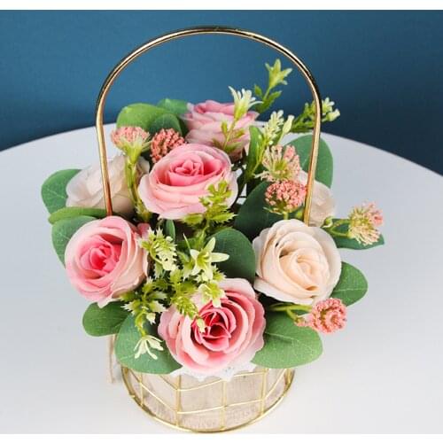 Eternal Flower Artificial Bionic Flower Flowers Bouquet Wrought Iron Portable Flower Basket For Home Bedroom Wedding Decoration