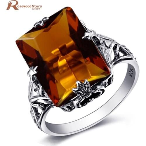Vintage Amber Ring For Women Real Sterling Silver 925 Wedding Rings With Stone Unique Square Brown Retro Handmade Fine Jewellery