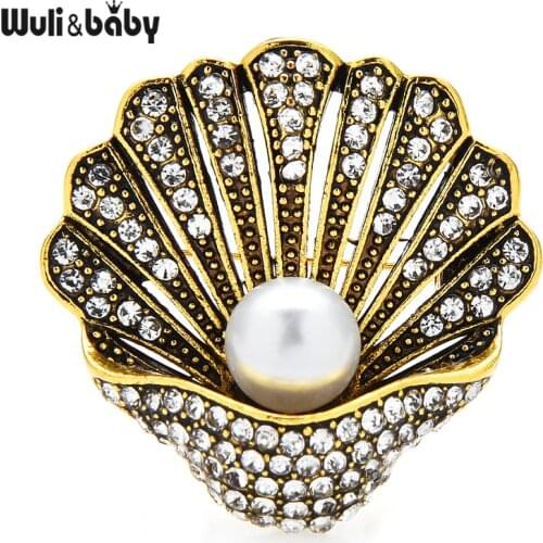 Wuli&baby Vintage Rhinestone Shell Brooch Women Unisex Pearl Shell Design Casual Office Brooch Pins Gifts