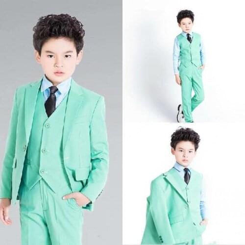 Green Boy Tuxedos For Wedding Slim Notched Lapel One Button Ring Bearer Suits childrens party suit(Jacket+Pants+Vest+B
