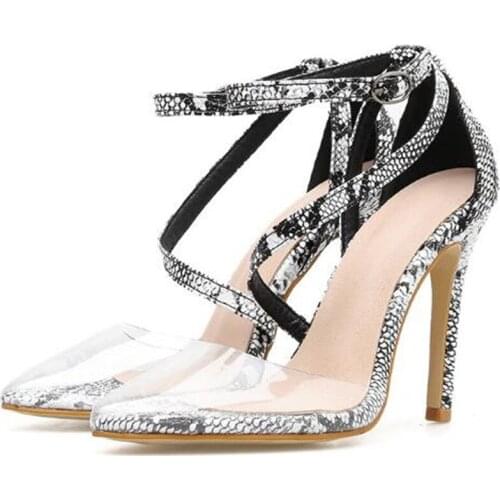 Women sandals PU Buckle Strap 11cm Thin Heels High heels Pointed Toe Shallow Serpentine women shoes sandalias mujer 2020