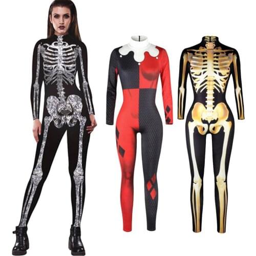 Women Halloween Long Sleeve Scary Skeleton Print Jumpsuit Bodycon Party Costume Slim bodycon is great for showing slender figure