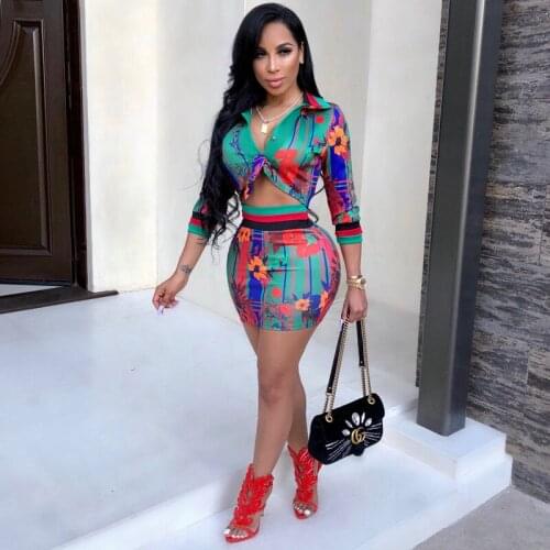 Women Floral Print Sexy Two Piece Set Turn-down Collar V Neck Crop Top+Package Hip Skirt 2 Piece Matching Set Club Party Outfits