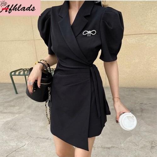 Summer New Design Office Lady Mini Vestidos Bandage Irregular Puff Short Sleeve Notched Collar Women Elegant Bodycon Dress