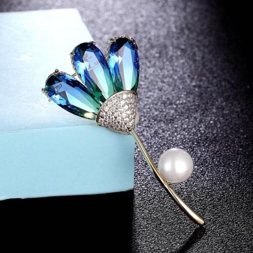 Zlxgirl perfect AAA cubic zircon Flower Brooches Mens Wedding Party Jewelry copper pearl Hijab Pins Clothes Suit Accessories