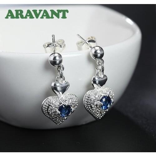 Blue Crystal Rhinestone Earrings Silver 925 Jewelry Fashion Heart Female Drop Earring For Women Wedding Party Fashion Jewelry