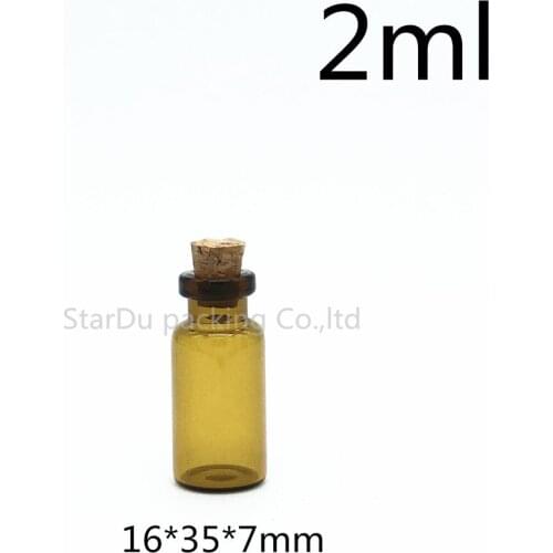 Free shipping 1000pcs/lot 2ml amber Mini Glass Bottle with Cork, 2cc Small Sample Vials, Glass Cork Bottle Container