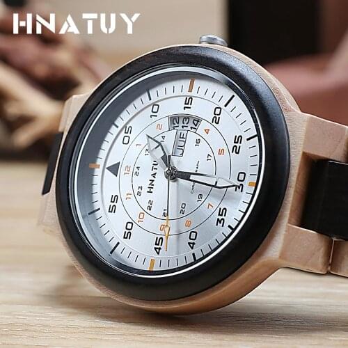 HNATUY Mens Watches Complete Calendar Bracelet Clas Wood Watch Quartz Wristwatches Simple Movement Watch Wood Band Watches Male