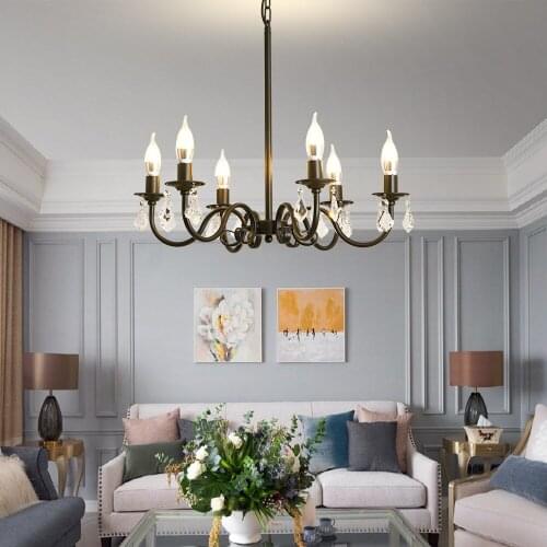 Crystal Chandelier 6 Lights Metal Pendant Light Adjustable Chain Hanging Lamp for Dining Living Room Kitchen Foyer Farmhouse Bar