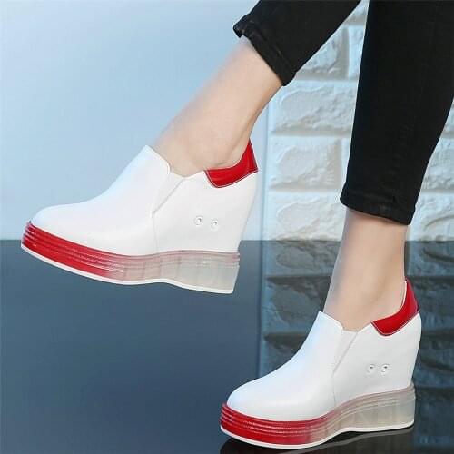 Fashion Sneakers Women Slip On Genuine Leather Wedges High Heel Vulcanized Shoes Female Round Toe Platform Pumps Casual Shoes
