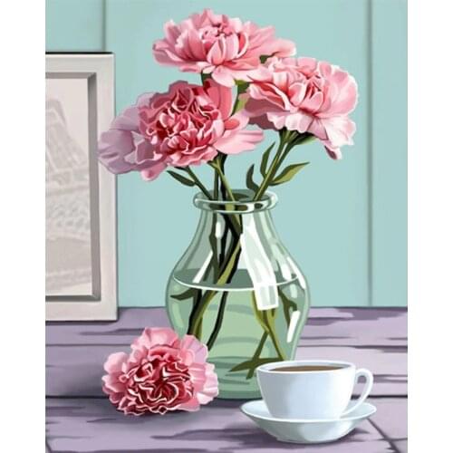 GATYZTORY Paint By Numbers Kits For Adults Children Pink Flower In Vase Scenery Picture By Number Handmade Diy Gift Home Decorat