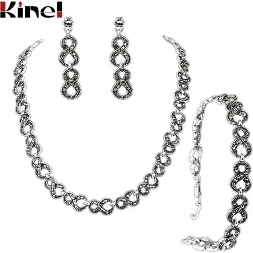 Kinel Gorgeous 3Pcs Gray Crystal Jewelry Sets Tibetan Silver Retro Unlimited Necklaces Engagement Earrings For Ladies