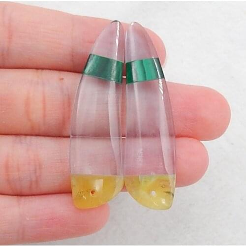 New design! Malachite，Yellow Opal and White Quartz Intarsia Gemstone Earrings Bead, 45x12x5mm，8.1g