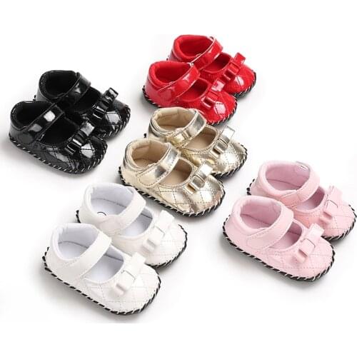 Newborn Baby Girls Shoes PU leather Buckle First Walkers With Bow Red Black Pink Golden White Soft Soled Non-slip Crib Shoes