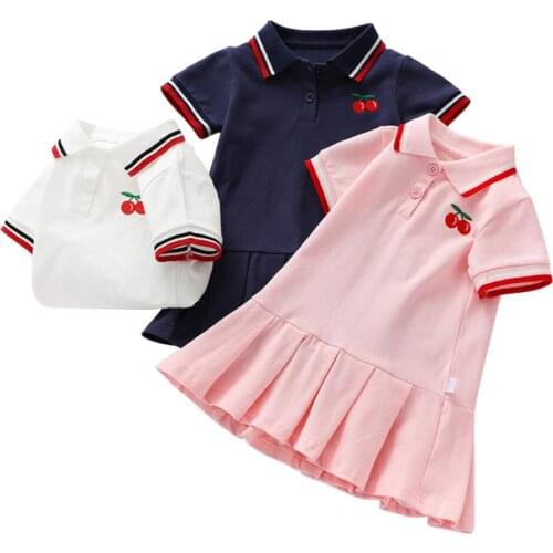Baby Girls Dress Casual Summer 100% Cotton Pleated Short-sleeve Dress Children Clothing Shirt Collar Baseball Uniform Kids Girl