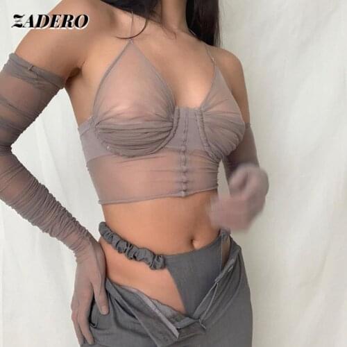 Sexy Crop Tops Net Yarn Perspective Women 2021 Halter Neck Lace-up Gauze See-through Long-sleeved T Shirts Streetwear Party Tank