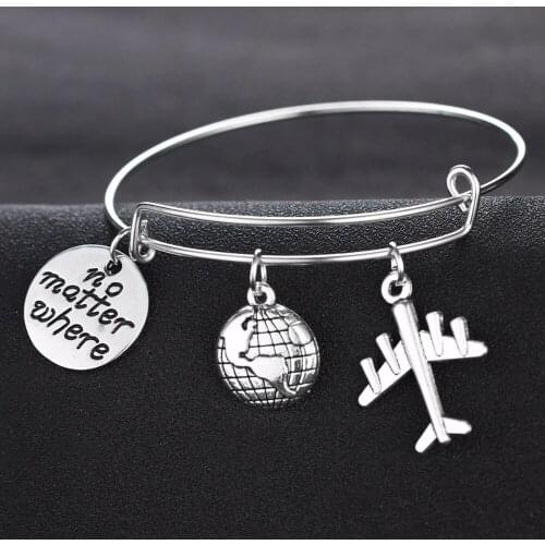 Message Quote Airplane Earth Charm Wanderlust Traveling The World Bracelet Traveler Jewellery Gifts Wire Wrapped Bangle
