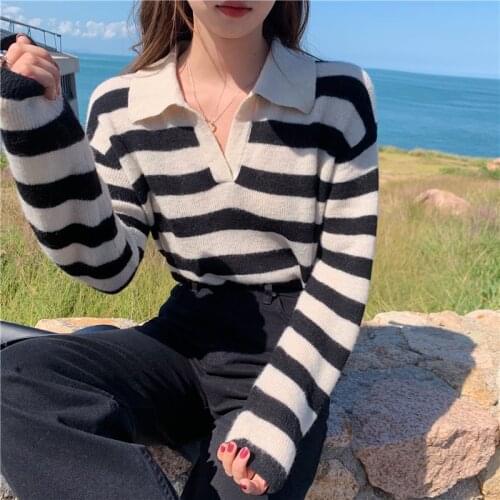 Sweaters for Women Fashion V-Neck Striped Preppy Style Thick Jumpers Womens Winter Sweaters 2020 Long Sleeve Woman Sweaters