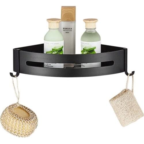 Black Bathroom Corner Shelf Wall Mounted Shower Caddy with two Hooks Space Aluminum Bath Kitchen Shelves Storage Basket Rack