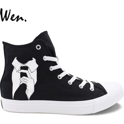 Wen Hand Painted Custom Shoes MR Cat Suit Tie Original Design Men Canvas High Top Sneakers Black Skateboarding Shoes Women