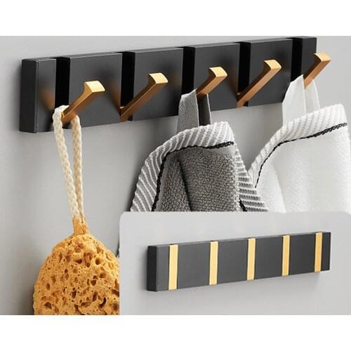 Folding Towel Hanger 2ways Installation Wall Hooks Coat Clothes Holder for Bathroom Kitchen Bedroom Hallway, Black Gold