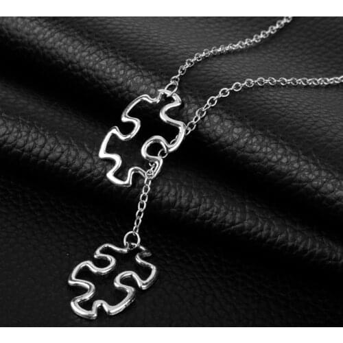 Vintage Casual Silver Plated Autism Jewelry Awareness Jigsaw Double Puzzle Piece Pendant Adjustable Cross Lariat Necklace Gifts