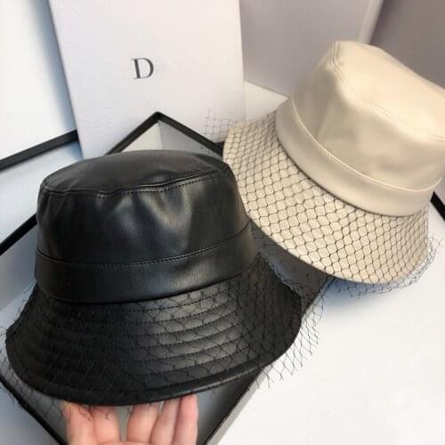 Women Ladies Fishermen Hat Fashion Faux Leather Mesh Bucket Cap