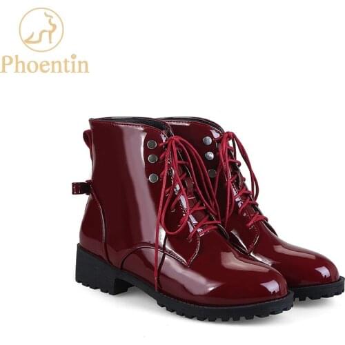 Phoentin lace-up ankle boots for women winter rivet butterfly knot blue black green short boots patent leather punk shoes FT175