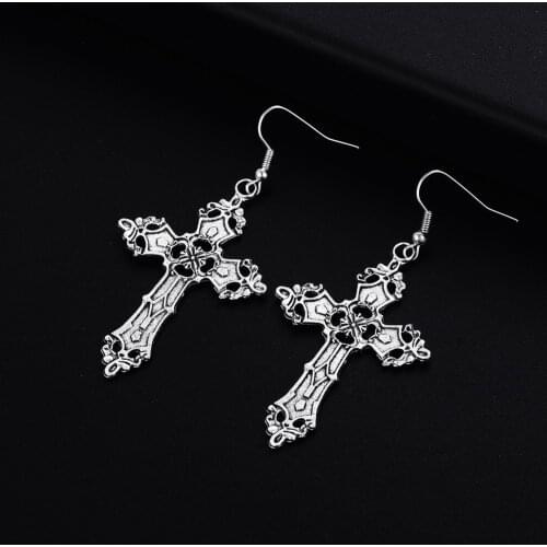 Trendy Vintage Cross Shape Dangle Antique Silver Plated Earrings for Women Girl Retro Drop Earrings Cute Earring Jewelry Bijoux
