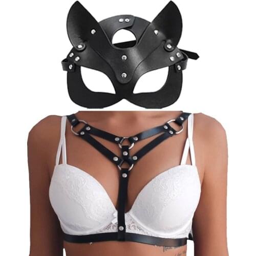 Body cage bra harness bralette And Leather Mask Bondage Set Women Fetish Harness Belt Gothic Crop Tops Cage Rave Strappy