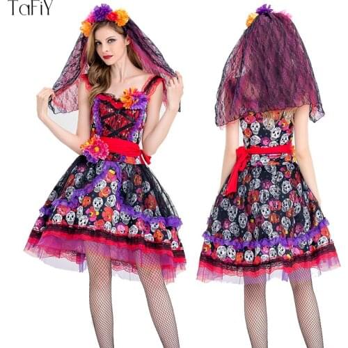 TaFiY 2017 Sexy Adult Zombie Cosplay Red Ghost Bride Costumes Witch Princess Mesh Dress+HeadWear Halloween Costumes For Women