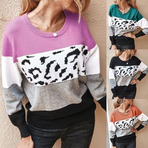 Women Casual Long Sleeve Knitted Sweater Leopard Print Color Block Pullover Top