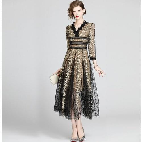 New Fashion Women Sexy V-Neck Three Quarter Sleeve Polka-Dot Mesh Dress Elegant Flower Embroidery Party Long Dresses Vestidos