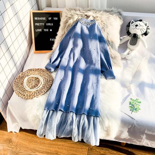 Large Size Womens Knitted Shirt Long-Sleeved Dress Autumn and Winter Fashion Suit Mesh Skirt Sweater Two-Piece Trend Set Y292