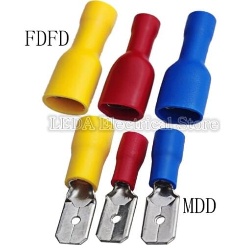 100PCS FDFD FDD MDD 1.25-250 2.5-250 5-250 Female Male Insulated Electrical Crimp Terminal Connectors Cable Wire Connector
