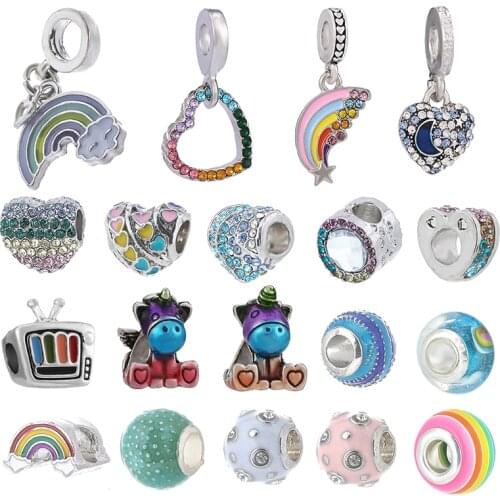 2Pcs/Lot Newest Silver Color Rainbow Style Charm Pendant Fit DIY Unicorn Beads Bracelets Necklaces For Women Kids Jewelry Making