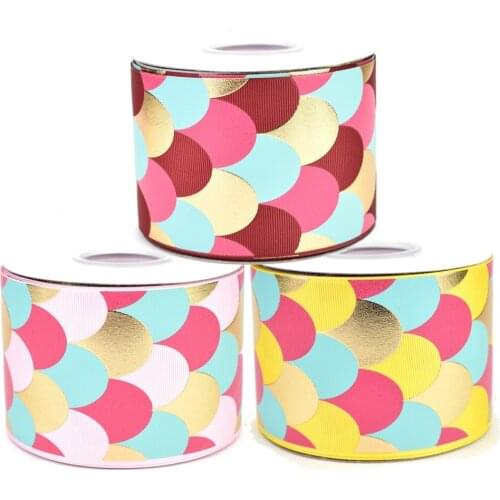 50yards 75mm Gold Foil Ink Scales Fish Scale Mermaid Grosgrain Ribbon For DIY Accessories Welcome Custom Printed