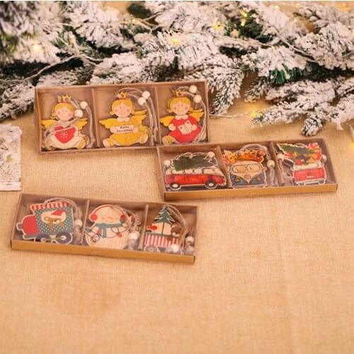 6PCS/lot Christmas Painted Angel/Snowman/Car Wooden Pendant DIY Craft Xmas Tree Hanging Ornament Kids Gift Party Decorations
