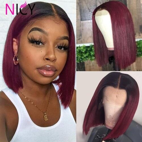 Ombre 1b/99J Red Wig Human Hair Short Bob Straight Lace Front Wigs Brazilian Human Hair Wigs with Baby Hair for Black Women