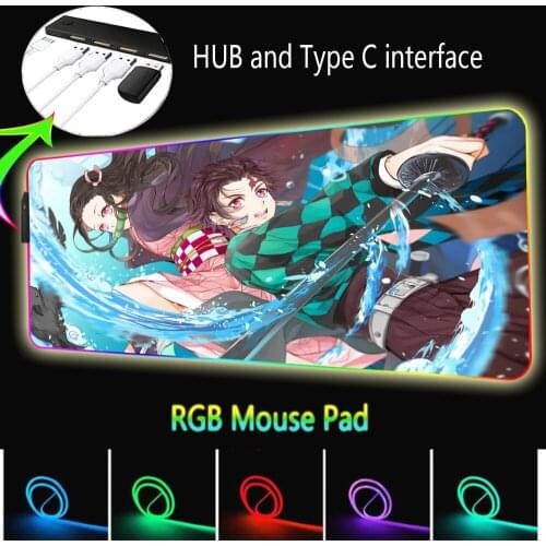 Anime Mouse Pad Demon Killer Rgb with USB Interface Hub Four, Led Backlit Notebook Office Mouse Pad Xxl Gaming Keyboard Desk Mat