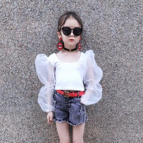 Summer Girls Top Casual Tee baby Solid Kids Short children Streetwear Clothes Fashion Mesh Patch Puff long sleeve Clothes