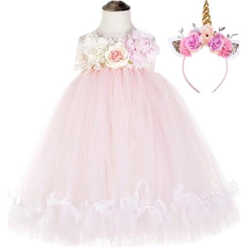 Cute Flower Girls Wedding Unicorn Baby Clothes Teenage Sleeveless Lol Dress for Girl Pink Tulle Lace Bowknot Tutu Dress Vestido