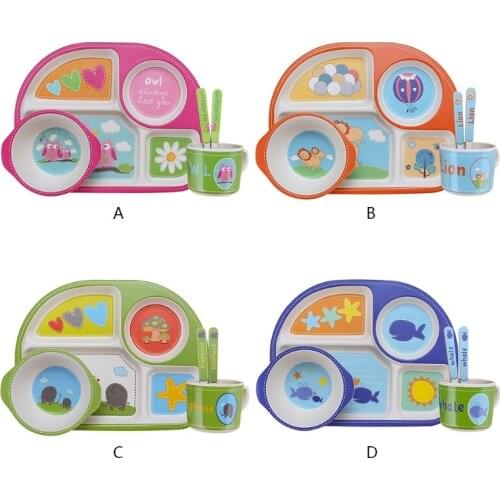 5 Pcs Bamboo Fiber Kids Tableware Set Division Sections Dinner Plate+Bowl+Spoon+Fork+Water Cup Kit