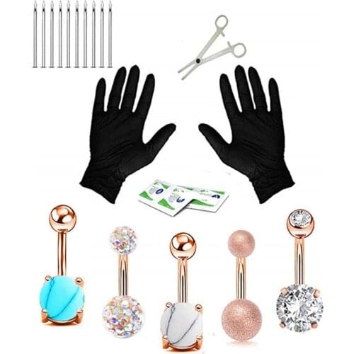 15PCS Crystal Belly Button Piercing Kit Needle Tool Set Sexy Belly Piecing lot Piercing Maker Professional Pircing Kit Tool