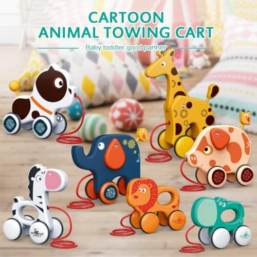 New Baby Pull Rope Walking Toy Creative Cute Cartoon Hippo Pig Dog Elephant Fawn Drag Car Animal Pull Rope Toy Car Children Toy