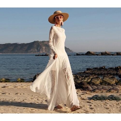 Charming Bobo Beach Lace Bridal Wedding Dresses Long Sleeves Jewel Neck Backless Ivory Wedding Gowns for Bride 2021 New On Sale