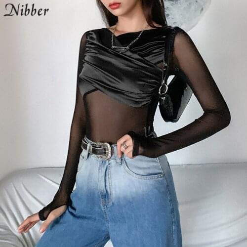 Nibber Autumn Popular Mesh Fake two-piece Bodysuits For Women 2020 Black See Through Long Sleeve Bodysuit Club party Wear Female