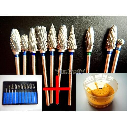 10pcs Dental Lab Titanium Nitrate Carbide Burs Polishers +1pc 60 Hole Burs Block