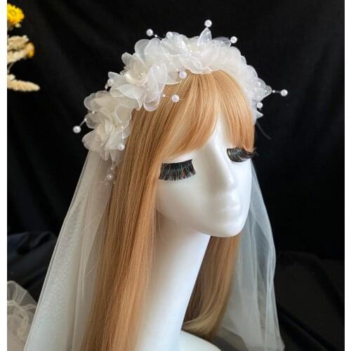 2021 Vintage Flower Hairband with LOng Veil White Bride Pearl Hairbands Mesh Yarn Flower Headwear Wedding Fairy Hair Accessories