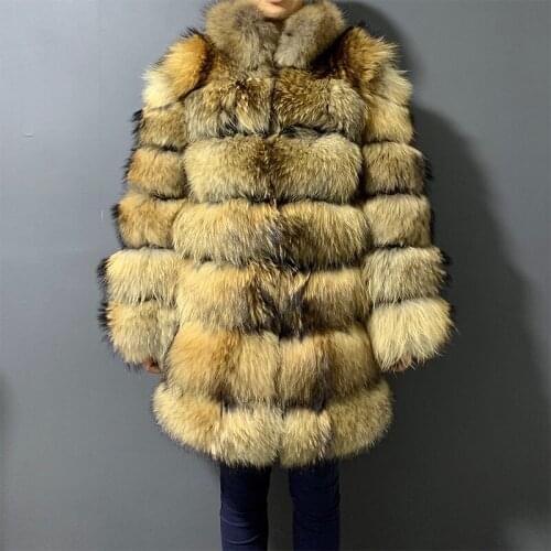 Rf20140 Luxury Winter Womens Real Raccoon Fur Coat Stand Collar Long Sleeve Fluffy Natural Fur Coat
